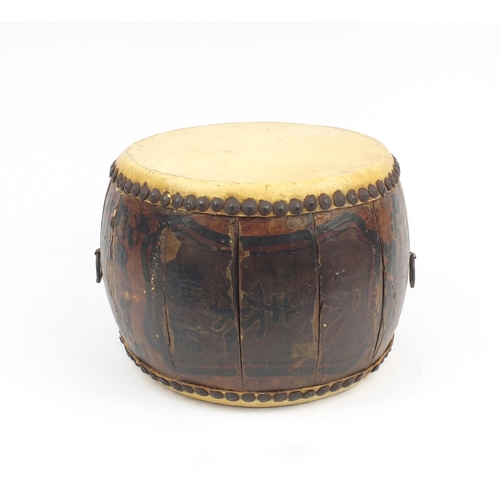 191 - African double sided skin drum with hand painted decoration, 36cm in D