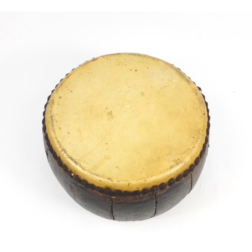 191 - African double sided skin drum with hand painted decoration, 36cm in D