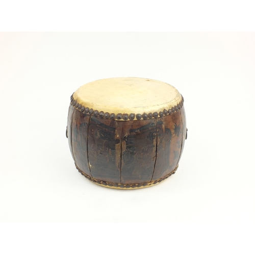 191 - African double sided skin drum with hand painted decoration, 36cm in D