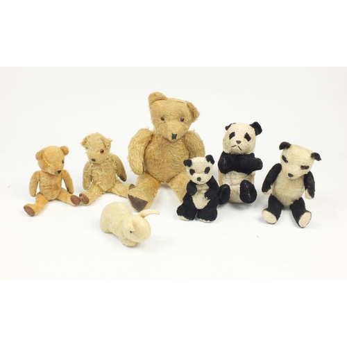 227 - Three vintage teddy bears with articulated limbs, three panda bears and a rabbit, the largest 50cm i... 