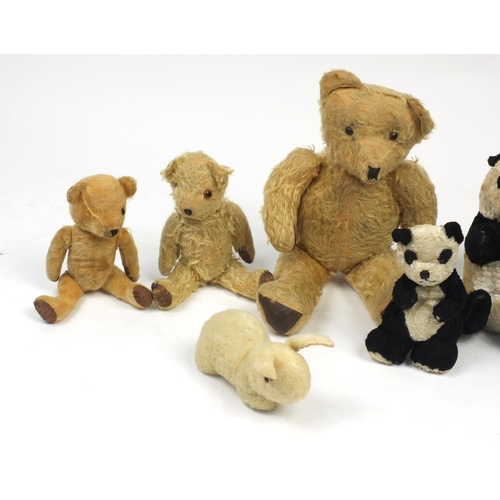 227 - Three vintage teddy bears with articulated limbs, three panda bears and a rabbit, the largest 50cm i... 