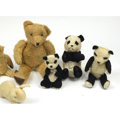 227 - Three vintage teddy bears with articulated limbs, three panda bears and a rabbit, the largest 50cm i... 