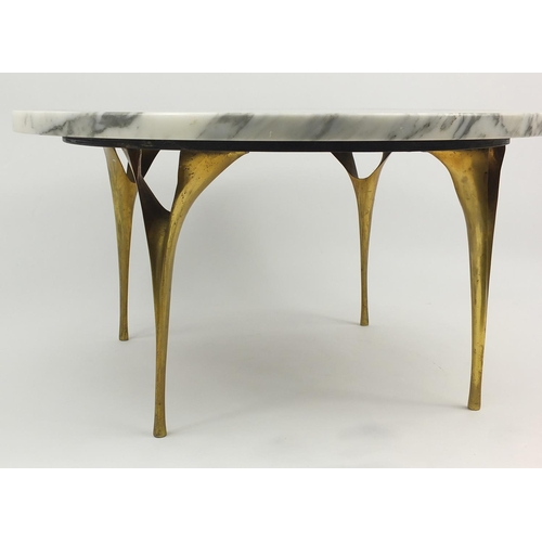 63 - Circular marble coffee table with brass legs, 32cm H x 61cm D