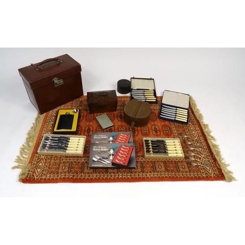 222 - Miscellaneous items including cutlery, Victorian rosewood tea caddy and rug