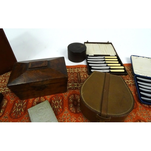 222 - Miscellaneous items including cutlery, Victorian rosewood tea caddy and rug