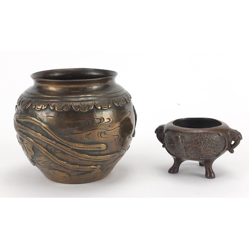 300 - Oriental bronze vase and koro, the vase cast with mythical birds, the larger 10cm H