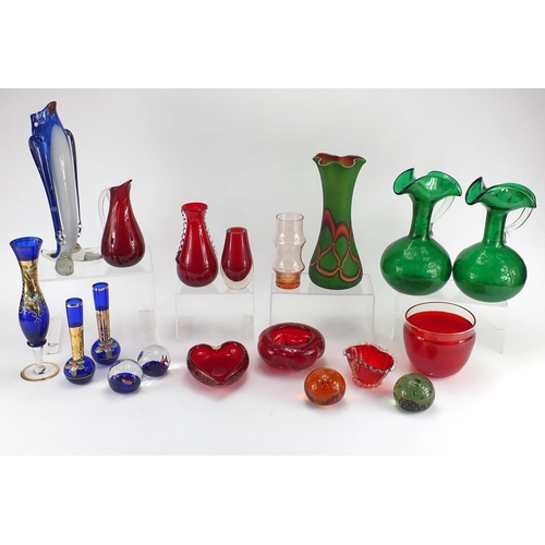 215 - Assorted glassware including Whitefriars and Murano examples, and a pair of Victorian style green gl... 