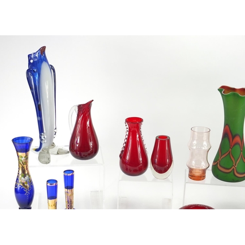 215 - Assorted glassware including Whitefriars and Murano examples, and a pair of Victorian style green gl... 