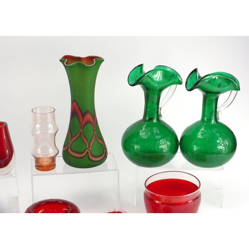 215 - Assorted glassware including Whitefriars and Murano examples, and a pair of Victorian style green gl... 