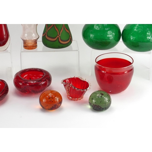 215 - Assorted glassware including Whitefriars and Murano examples, and a pair of Victorian style green gl... 