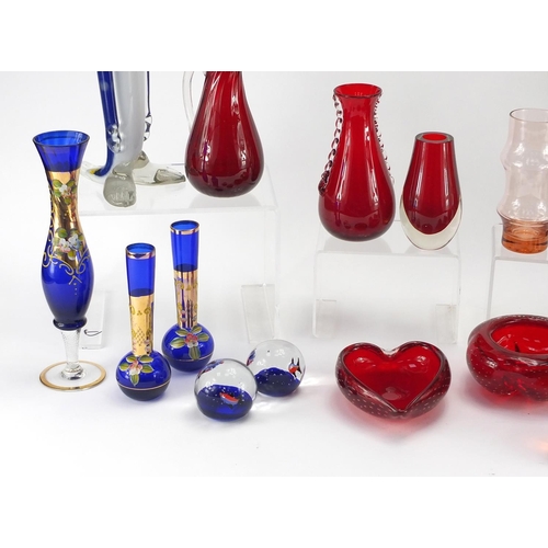 215 - Assorted glassware including Whitefriars and Murano examples, and a pair of Victorian style green gl... 