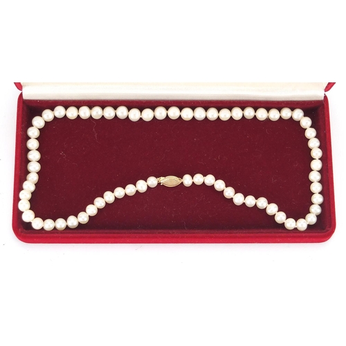 244 - Single string cultured pearl necklace with 9ct gold clasp, 40cm L