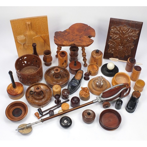 221 - Predominantly wooden ware including three footed stool and sculptures