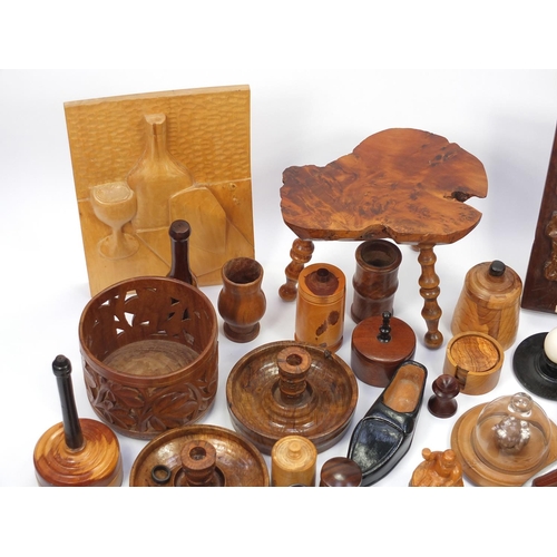 221 - Predominantly wooden ware including three footed stool and sculptures