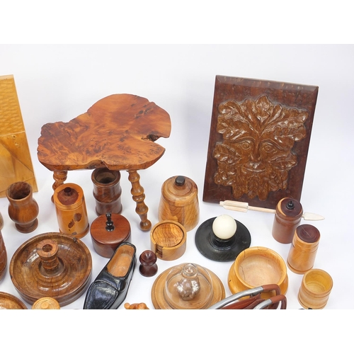 221 - Predominantly wooden ware including three footed stool and sculptures