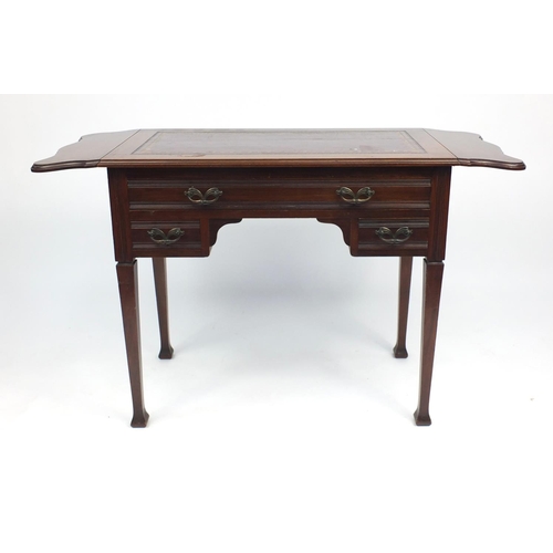 2 - Art Nouveau walnut ladies drop end writing desk with tooled leather insert, fitted with three drawer... 