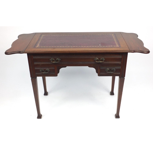 2 - Art Nouveau walnut ladies drop end writing desk with tooled leather insert, fitted with three drawer... 