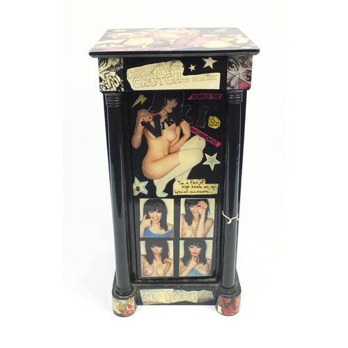 79 - Painted wood bedside cupboard decorated with nude females, 77cm H