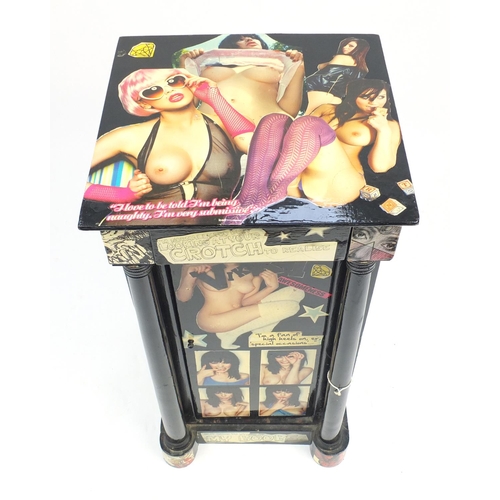 79 - Painted wood bedside cupboard decorated with nude females, 77cm H