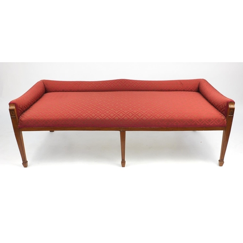 4 - Walnut framed window seat with red and gold upholstery, 150cm L