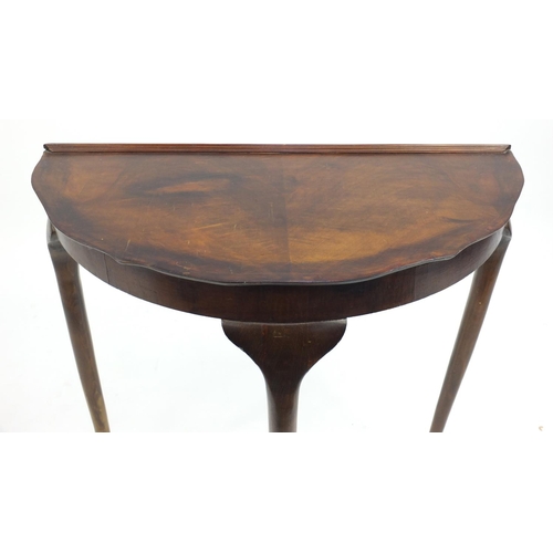 73 - Walnut demilune hall table, 74cm H x 73cm W x 37cm D