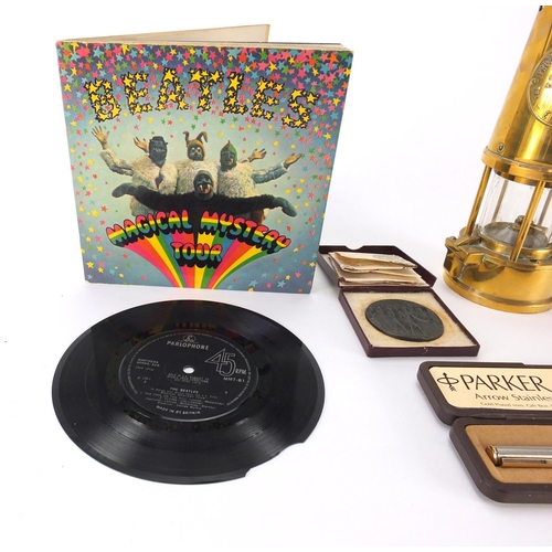 340 - Group of objects including Beatles Magical Mystery Tour 45 RPM vinyl record, Eccles miners lamp, box... 