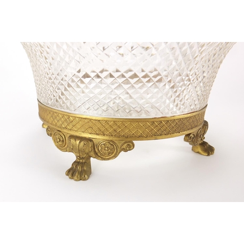 162 - Hobnail cut glass bowl with gilt metal mounts and paw feet, 20cm D