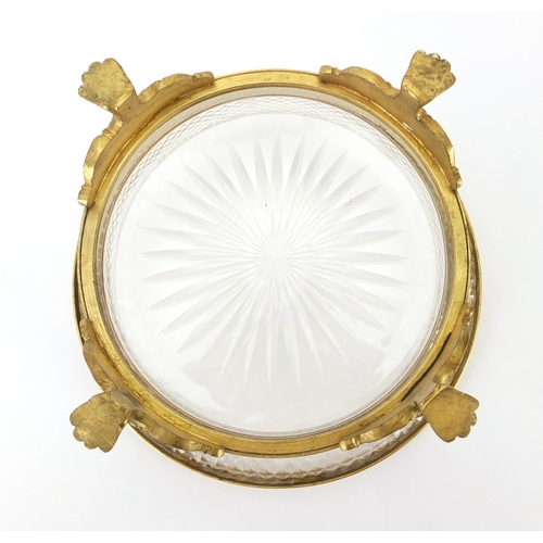 162 - Hobnail cut glass bowl with gilt metal mounts and paw feet, 20cm D