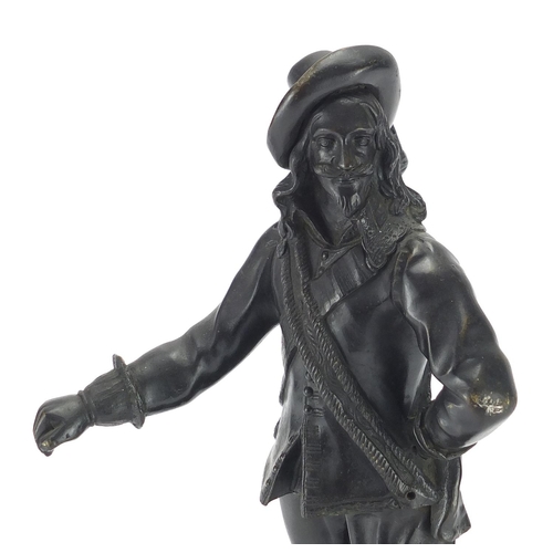 196 - Bronzed metal figure of a cavalier, 35cm H