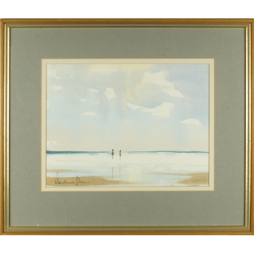 436 - Beach scene watercolour onto card, mounted and framed, signed Sir Duchess John, 31cm x 23.5cm