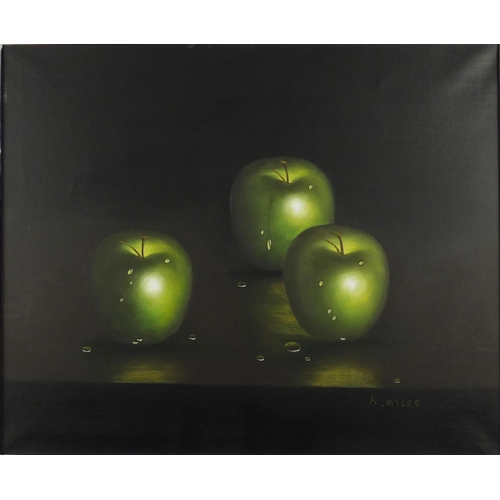 232 - Still life apples, oil onto canvas, bearing a signature K Myles, inscribed verso, framed, 59cm x 49c... 