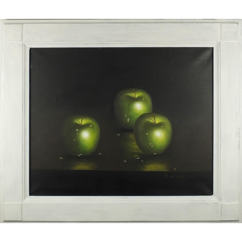 232 - Still life apples, oil onto canvas, bearing a signature K Myles, inscribed verso, framed, 59cm x 49c... 