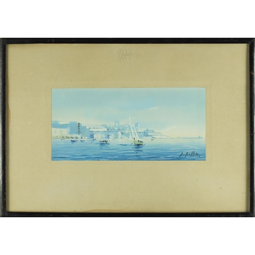 386 - Galea - Continental Port, watercolour onto card, mounted and framed, 22.5cm x 11cm