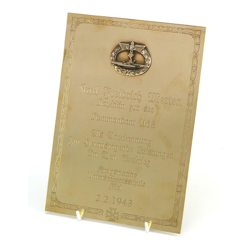 193 - German Military World War II gilt presentation plaque awarded to U-Boat commander Karl Freidrich Mer... 