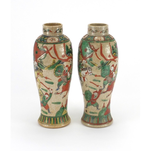 264 - Pair of Chinese crackle glazed vases, hand painted in the famille verte palette with Warriors, some ... 