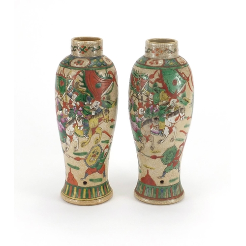 264 - Pair of Chinese crackle glazed vases, hand painted in the famille verte palette with Warriors, some ... 