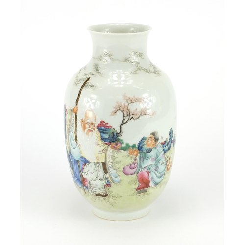 249 - Chinese porcelain vase, hand painted in the famille rose palette, with an elder holding a staff givi... 