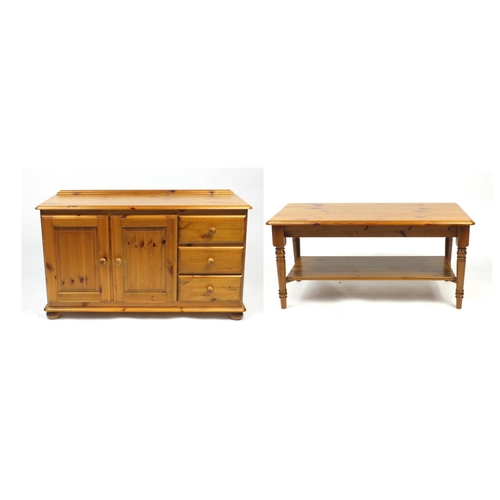 35 - Pine sideboard and coffee table, the sideboard 69cm H x 117cm W x 43cm D