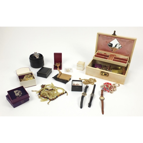 264 - Vintage and later costume jewellery including a 9ct gold wedding band, wristwatches, brooches, neckl... 