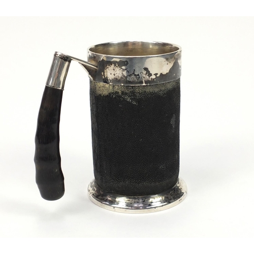 299 - Silver plated tankard covered in hyde and horn handle, 14cm H