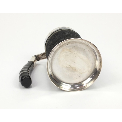 299 - Silver plated tankard covered in hyde and horn handle, 14cm H