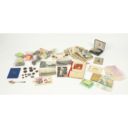 318 - Bag of assorted  World coins, postcards etc