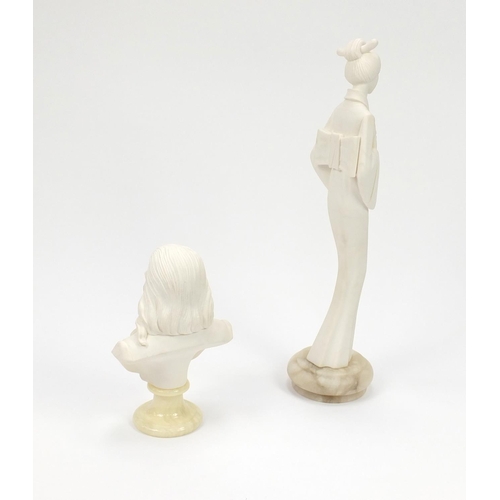 114 - Decorative bust of Liszt and a Geisha girl, both signed and raised on onyx bases, the larger 48cm H