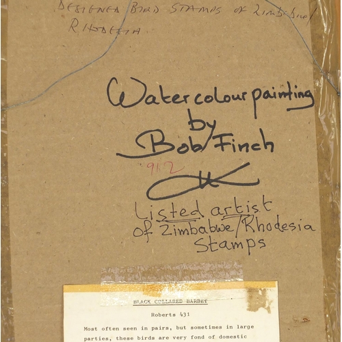 380 - Bob Finch watercolour views, black collared barbet and Crimson breasted shrike, each mounted and fra... 