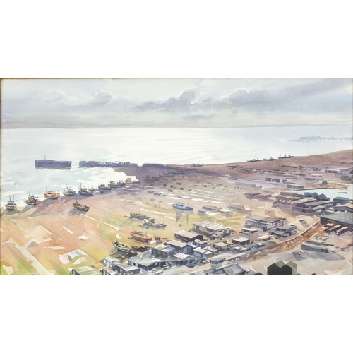 410 - Watercolour view of fishing boats on Hastings Beach, bearing a signature Cotton, framed, 50cm x 40cm