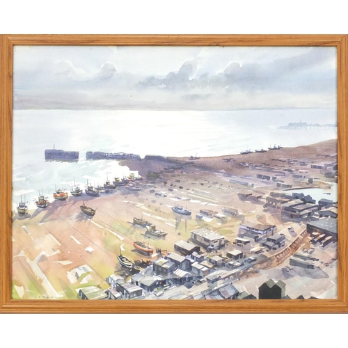 410 - Watercolour view of fishing boats on Hastings Beach, bearing a signature Cotton, framed, 50cm x 40cm