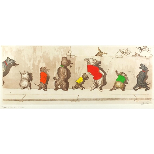 408 - Boris O'Klein - Comical dogs, pencil signed coloured print, framed, 43cm x 17.5cm