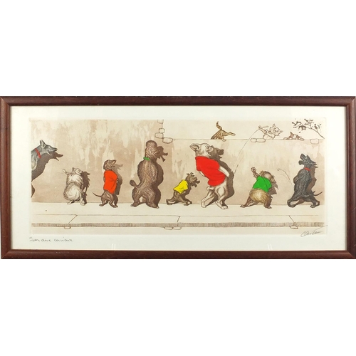 408 - Boris O'Klein - Comical dogs, pencil signed coloured print, framed, 43cm x 17.5cm