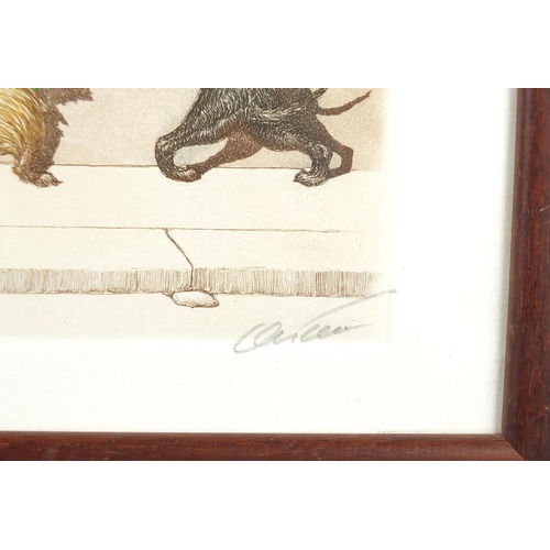 408 - Boris O'Klein - Comical dogs, pencil signed coloured print, framed, 43cm x 17.5cm