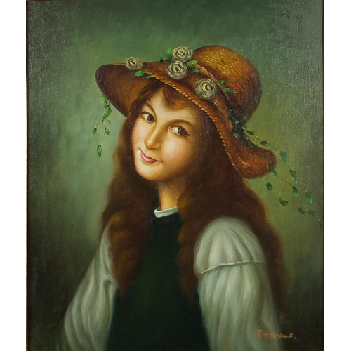 53 - Young girl portrait, oil onto canvas, bearing a signature T Weddle, framed, 60cm x 49cm